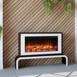 Gazco Liberty 85 electric stove in white on bench